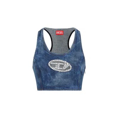 Diesel Denim Crop Top With Jewel Buckle In Blue