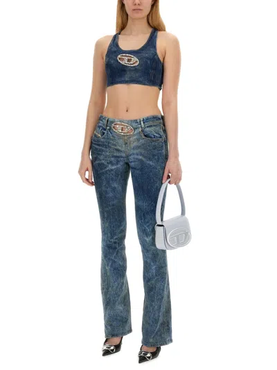 Diesel Denim Crop Top With Jewel Buckle In Blue