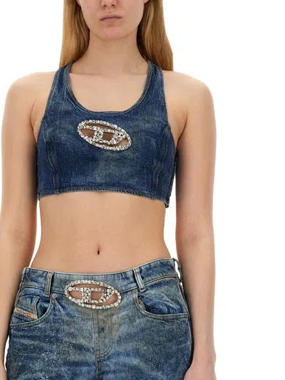 Diesel Denim Crop Top With Jewel Buckle In Blue