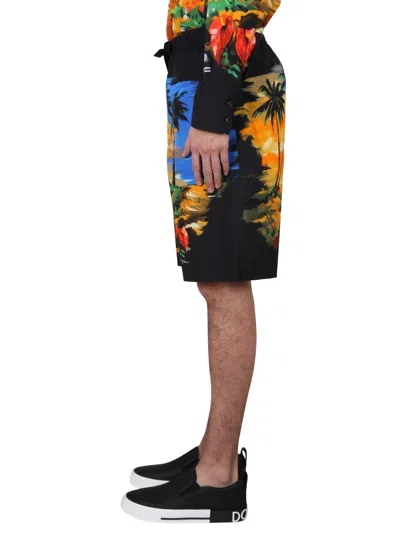 Dolce & Gabbana Men Bermuda Shorts With Hawaii Print In Multicolor
