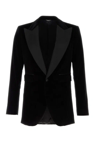 Dolce & Gabbana Peak Lapel Tuxedo Velvet Jacket With Padded Shoulders In Black