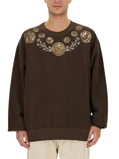 Dolce & Gabbana Coin Print Cotton Sweatshirt In Brown
