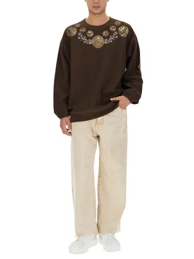 Dolce & Gabbana Coin Print Cotton Sweatshirt In Brown