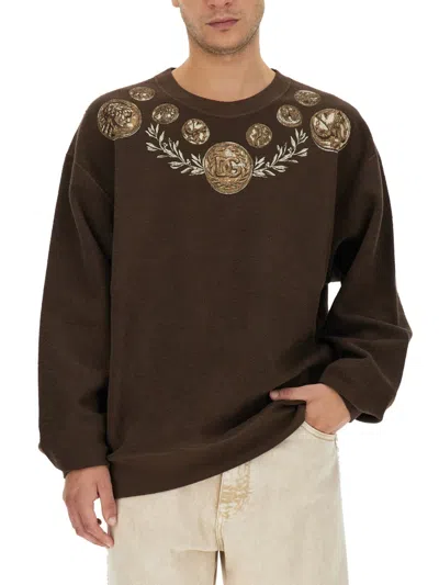 Dolce & Gabbana Coin Print Cotton Sweatshirt In Brown