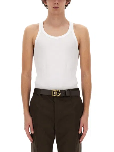 Dolce & Gabbana Classic Fit Cotton Blend Tank Top With Ribbed Texture In White