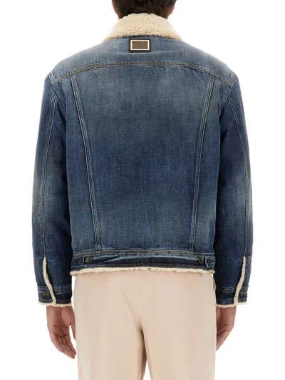 Dolce & Gabbana Buttoned Denim Jacket With Faux Shearling Finish In Blue