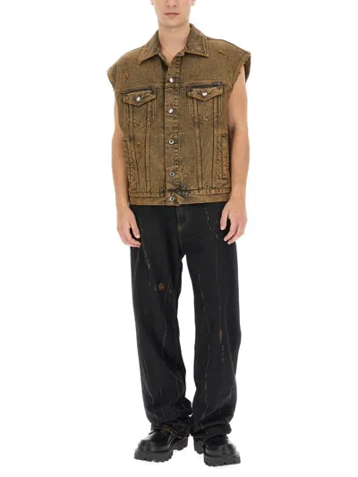 Dolce & Gabbana Sleeveless Denim Vest With Front Pockets In Brown