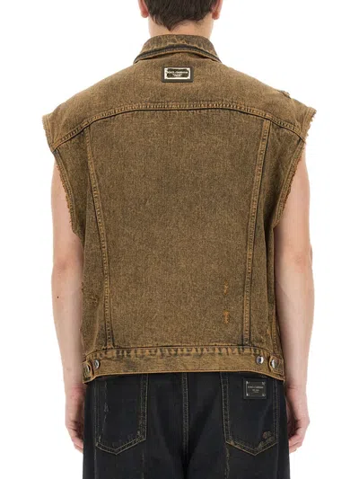 Dolce & Gabbana Sleeveless Denim Vest With Front Pockets In Brown