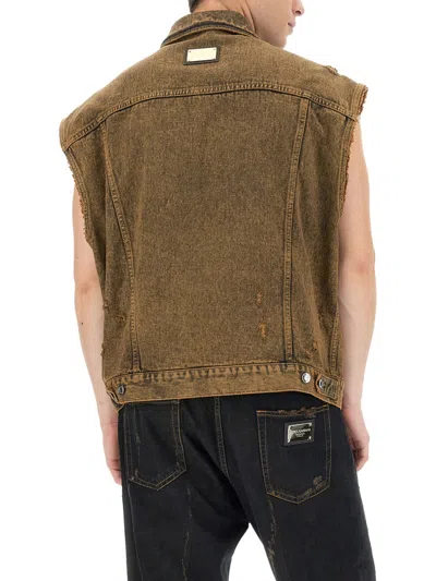 Dolce & Gabbana Sleeveless Denim Vest With Front Pockets In Brown