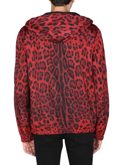 Dolce & Gabbana Men's Leopard Wind-resistant Hooded Jacket In Red