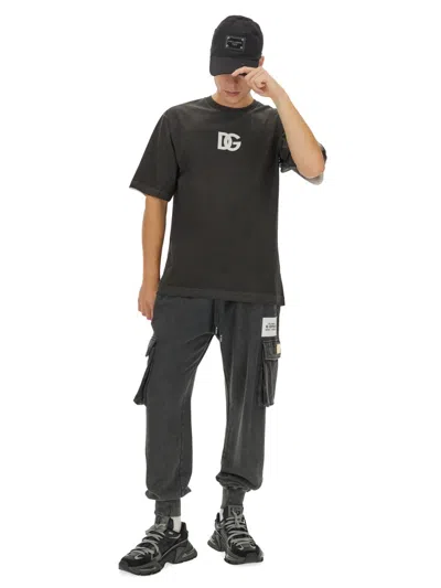 Dolce & Gabbana Logo-patch Tapered Cargo Trousers In Gray