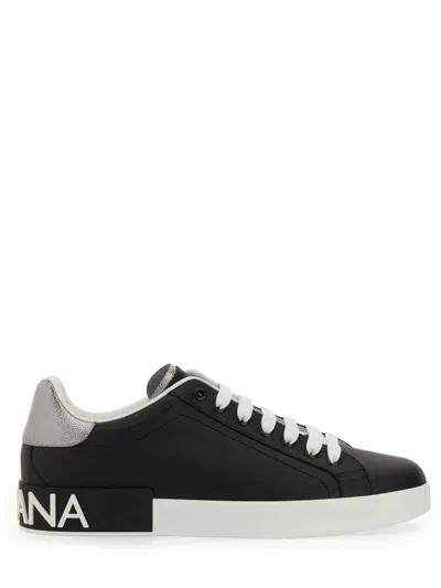 Dolce & Gabbana Portofino Sneakers In Black Leather With Silver Inserts In Black