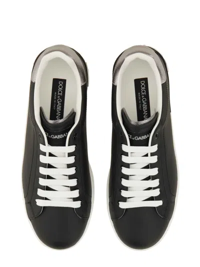 Dolce & Gabbana Portofino Sneakers In Black Leather With Silver Inserts In Black