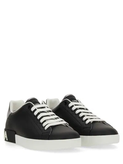 Dolce & Gabbana Portofino Sneakers In Black Leather With Silver Inserts In Black