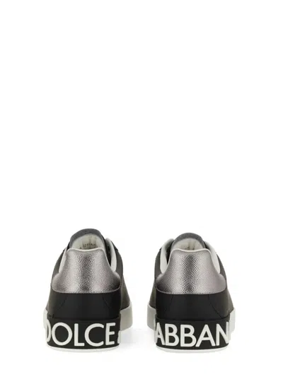 Dolce & Gabbana Portofino Sneakers In Black Leather With Silver Inserts In Black