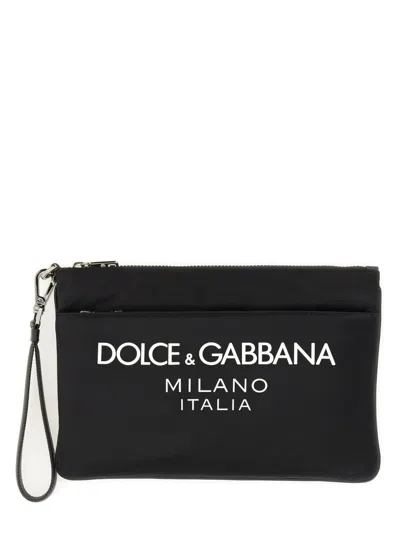 Dolce & Gabbana Black Pouch With Contrasting Rubberized Logo In Nylon In Black
