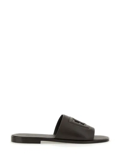 Dolce & Gabbana Black Sandals With Dg Logo Cut-out In Leather Man In Brown