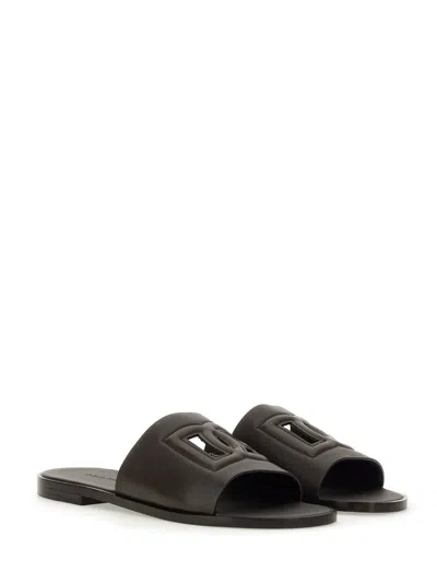 Dolce & Gabbana Black Sandals With Dg Logo Cut-out In Leather Man In Brown