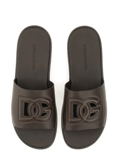 Dolce & Gabbana Black Sandals With Dg Logo Cut-out In Leather Man In Brown