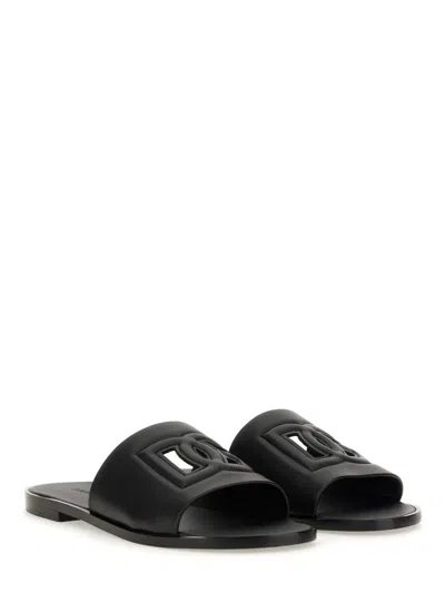 Dolce & Gabbana Black Sandals With Dg Logo Cut-out In Leather Man In Black
