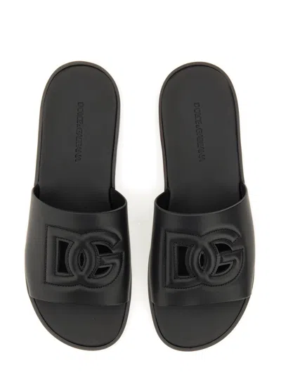 Dolce & Gabbana Black Sandals With Dg Logo Cut-out In Leather Man In Black