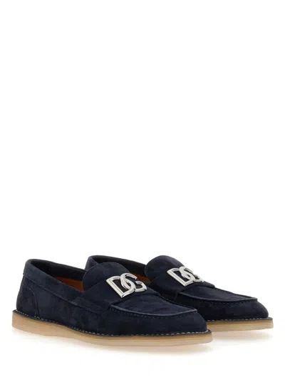 Dolce & Gabbana Logo-lettering Suede Loafers In Blue