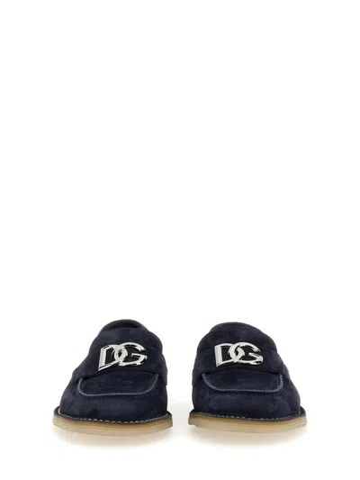 Dolce & Gabbana Logo-lettering Suede Loafers In Blue