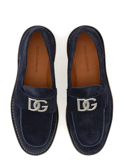 Dolce & Gabbana Logo-lettering Suede Loafers In Blue