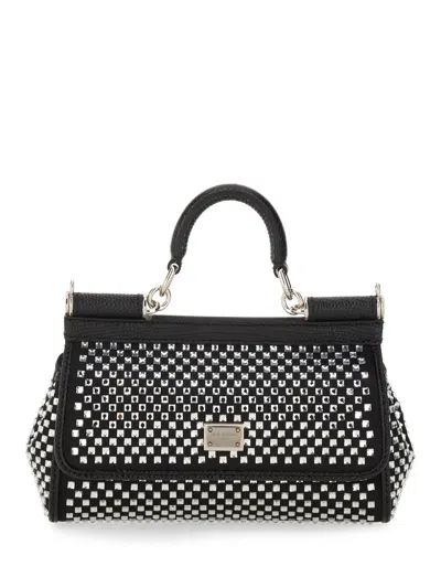 Dolce & Gabbana Embellished Fabric And Calf Small Sicily Handbag In Black