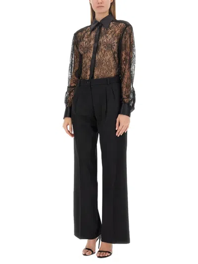 Dolce & Gabbana Chantilly Lace Satin Trim Button Down Shirt In Black