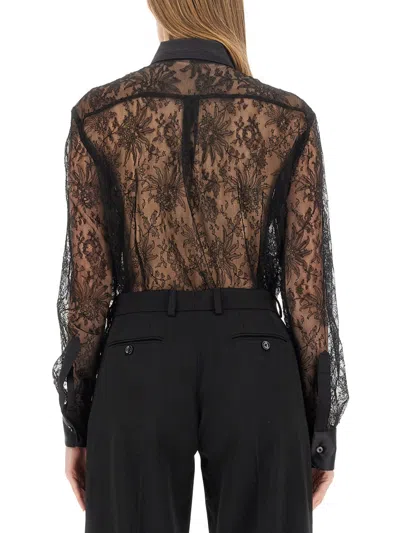 Dolce & Gabbana Chantilly Lace Satin Trim Button Down Shirt In Black