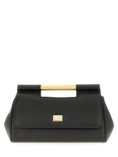 Dolce & Gabbana Sicily Medium Black Leather Clutch With Gold-tone Accents And Leopard Lining