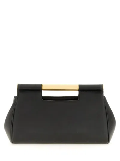 Dolce & Gabbana Sicily Medium Black Leather Clutch With Gold-tone Accents And Leopard Lining