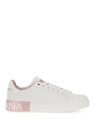 Dolce & Gabbana Portofino White And Pink Low Top Sneakers With Logo In Leather Woman In White