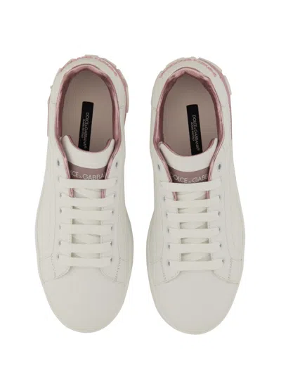 Dolce & Gabbana Portofino White And Pink Low Top Sneakers With Logo In Leather Woman In White