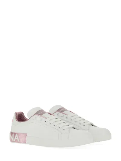 Dolce & Gabbana Portofino White And Pink Low Top Sneakers With Logo In Leather Woman In White