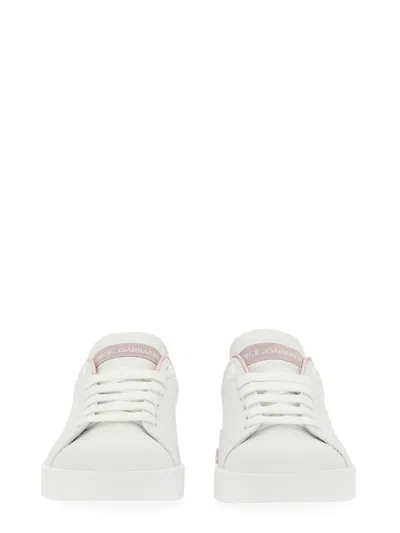 Dolce & Gabbana Portofino White And Pink Low Top Sneakers With Logo In Leather Woman In White