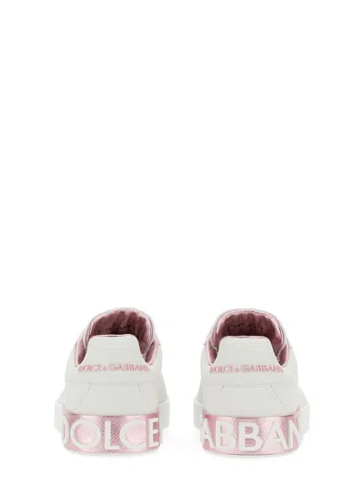 Dolce & Gabbana Portofino White And Pink Low Top Sneakers With Logo In Leather Woman In White