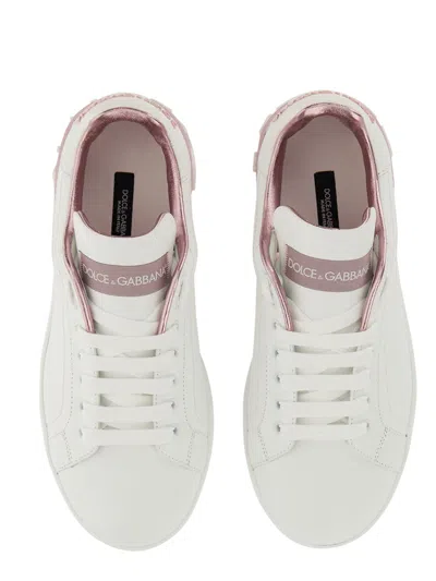 Dolce & Gabbana Portofino White And Pink Low Top Sneakers With Logo In Leather Woman In White