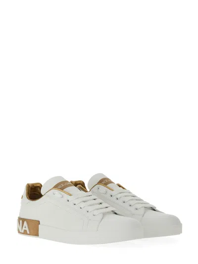 Dolce & Gabbana Portofino White And Gold Low Top Sneakers With Logo In Leather Woman In White