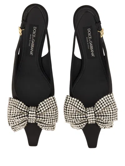 Dolce & Gabbana Satin Sling-back With Rhinestone Embroidery In Black
