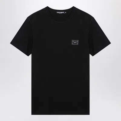 Dolce & Gabbana Black T-shirt With Logo Tag Detail On The Front In Cotton Man In Black