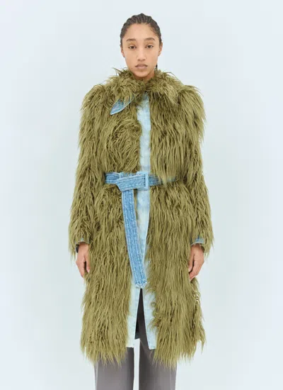 Dries Van Noten Rangel Faux Fur-trimmed Denim Coat In Green