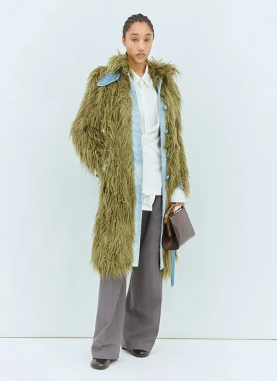 Dries Van Noten Rangel Faux Fur-trimmed Denim Coat In Green