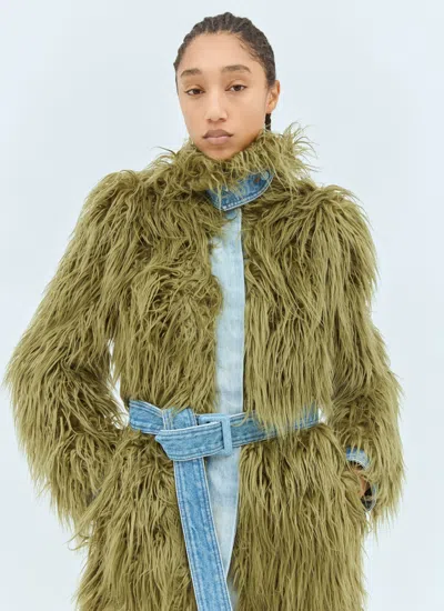 Dries Van Noten Rangel Faux Fur-trimmed Denim Coat In Green