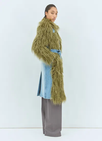 Dries Van Noten Rangel Faux Fur-trimmed Denim Coat In Green
