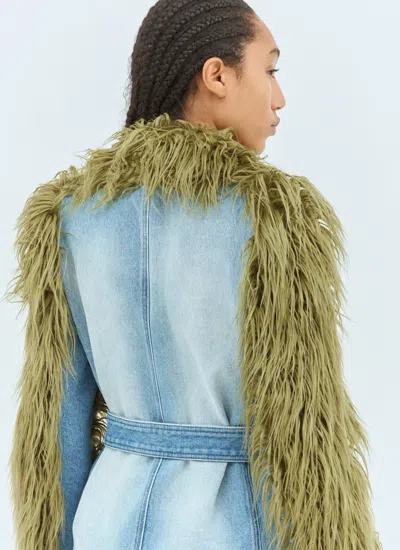 Dries Van Noten Rangel Faux Fur-trimmed Denim Coat In Green