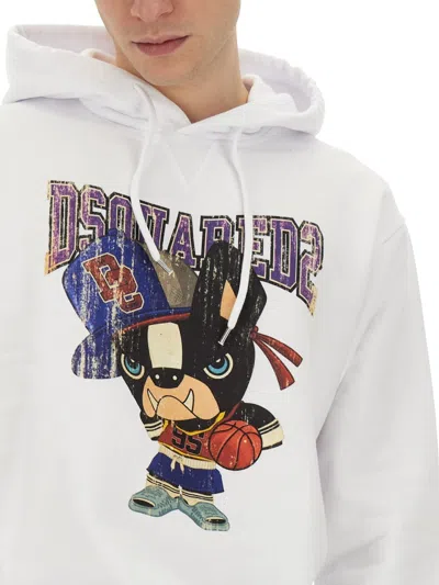 Dsquared2 Men Cotton Sweatshirt With Frontal Print In White