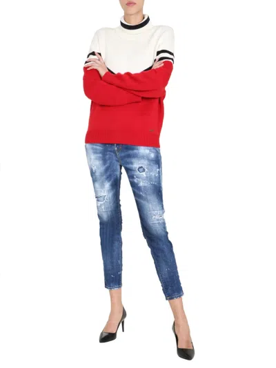 Dsquared2 Colour Block Roll Neck Jumper In Red