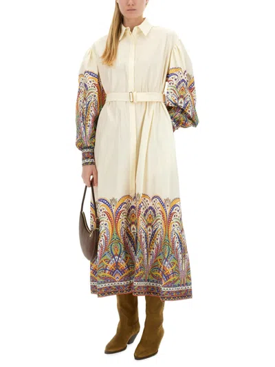 Etro Printed Cotton Midi Shirt Dress W/belt In Cream